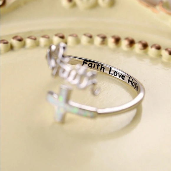 925 Silver White Opal Cross & Letter Faith Open Ring - Picture 2 of 3